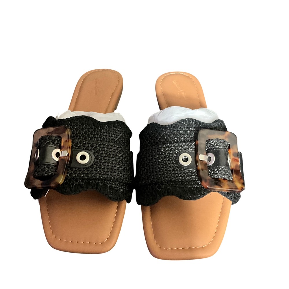 Universal Thread Chrissy Sandal Black Slide Woven Tortoise Buckle Scalloped Flat